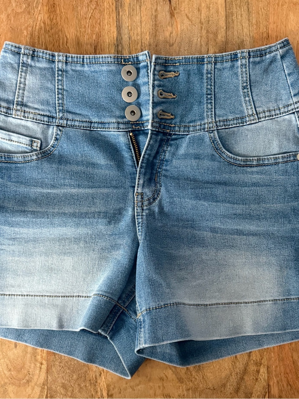 NOBO High-Waist Light Blue Denim Shorts with Triple Buttons